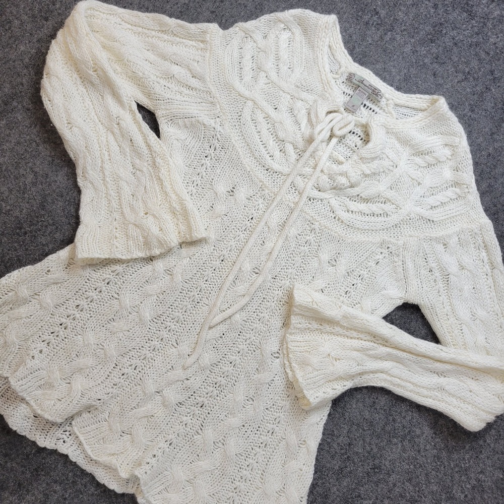 American Rag Co Sweater Womens Small White Ramie Blend Cable Knit Tie Neck Cozy